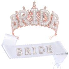 跨境新款合金水晶新娘皇冠 珍珠字母BRIDE头饰发饰单身派对绶带