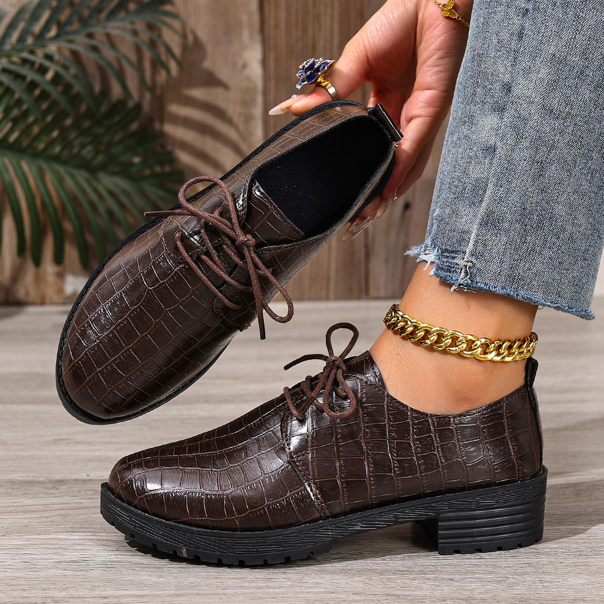 Women's Retro Lace Up Low Top Loafers Plus Size Mid Heel Leather Shoes British Style Autumn New_voghion.com
