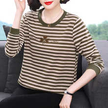 条纹长袖t恤女 2025春装新款秋衣百搭上衣中老年人妈妈纯棉打底衫