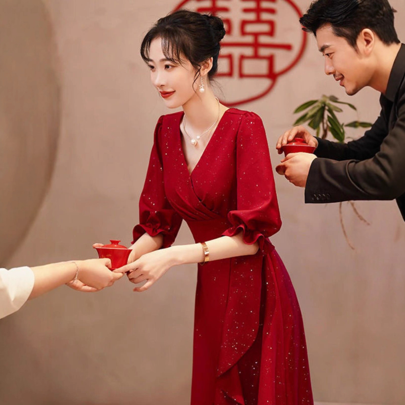 Bride's Toast Dress, Burgundy Fishtail Home Engagement Dress, Women's Autumn Evening Dress, Can Be Worn at Ordinary Times