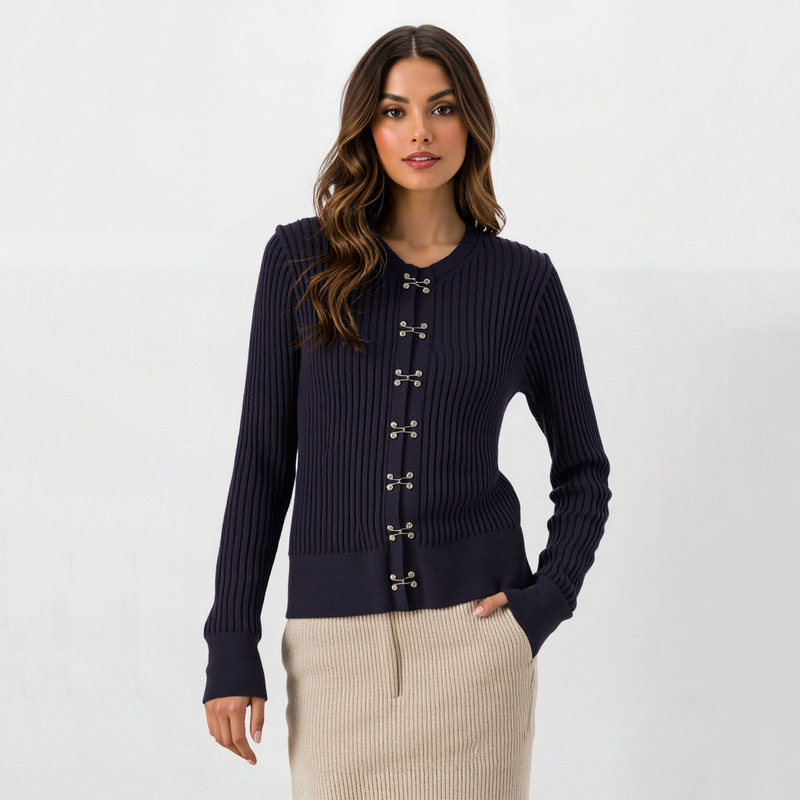 Autumn New Fashion Commuter Gray Cotton Round Neck Metal Hook Thin Knitted Cardigan Slim Long-Sleeved Knitwear