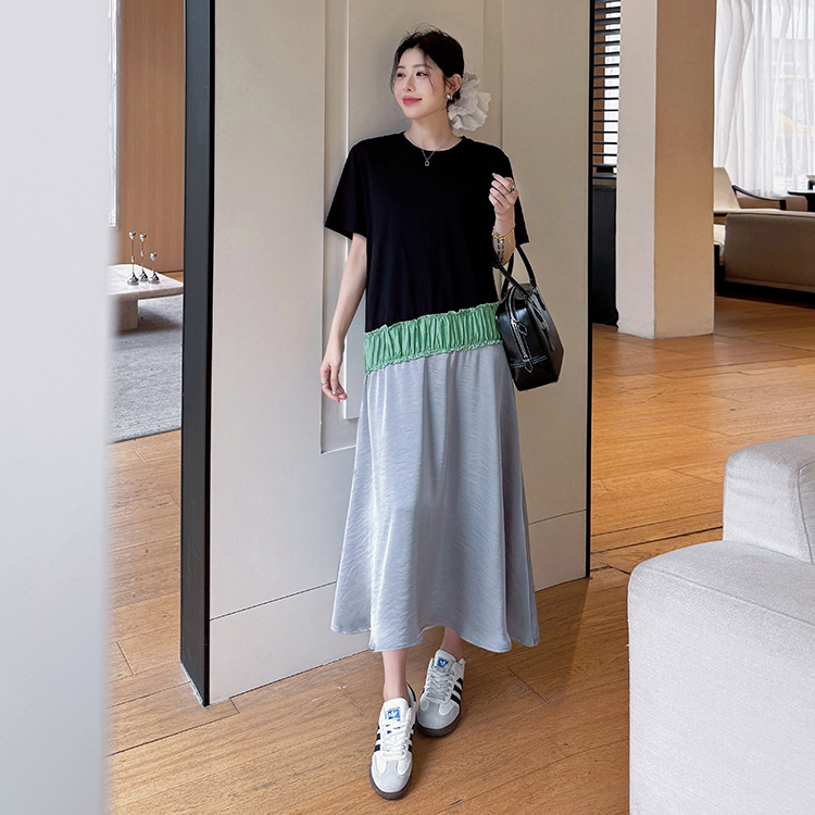 猫-6844#2025夏新款/长款大码拼接醋酸缎高级显瘦拼色短袖连衣裙