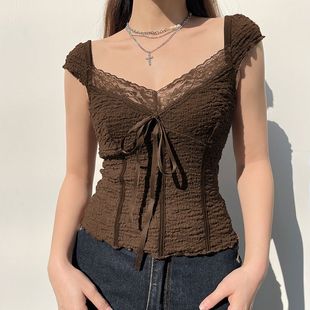 Retro Brown Textured Lace Splicing Bow Short-Sleeved T-Shirt for Hot Girls Versatile Slimming Look Top Ins