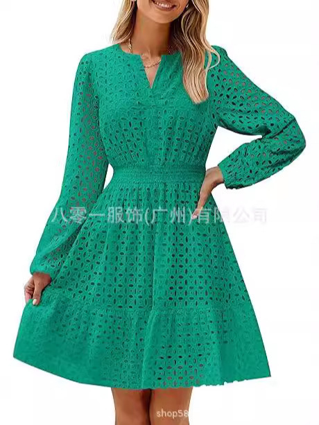 2024欧米の外国貿易クロスボーダー婦人服アマゾンの起爆vネックの透かし彫りの穴の刺繍綿の長袖のワンピース|undefined