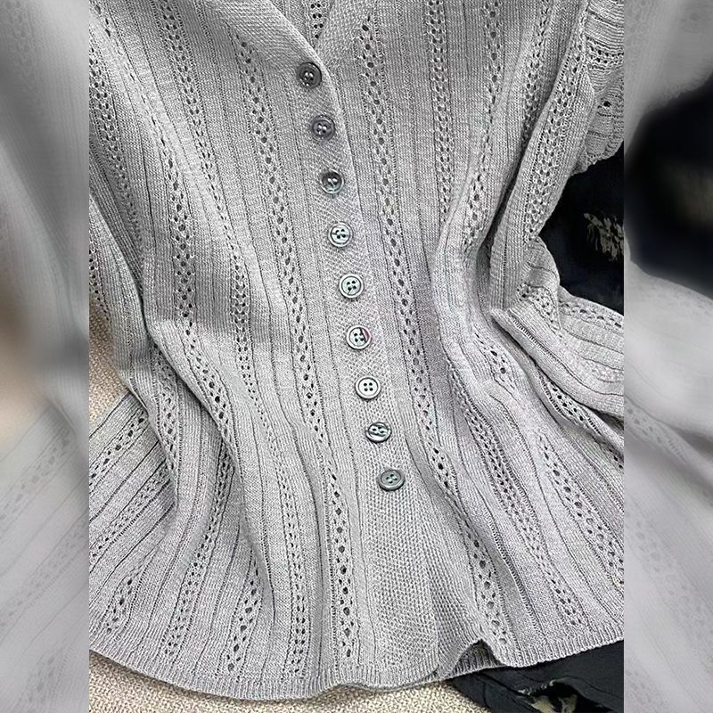 アイスシルク中空ニットカーディガンレディース2025春夏新作ゆったりスリム半袖Tシャツ無地Vネックトップ|undefined