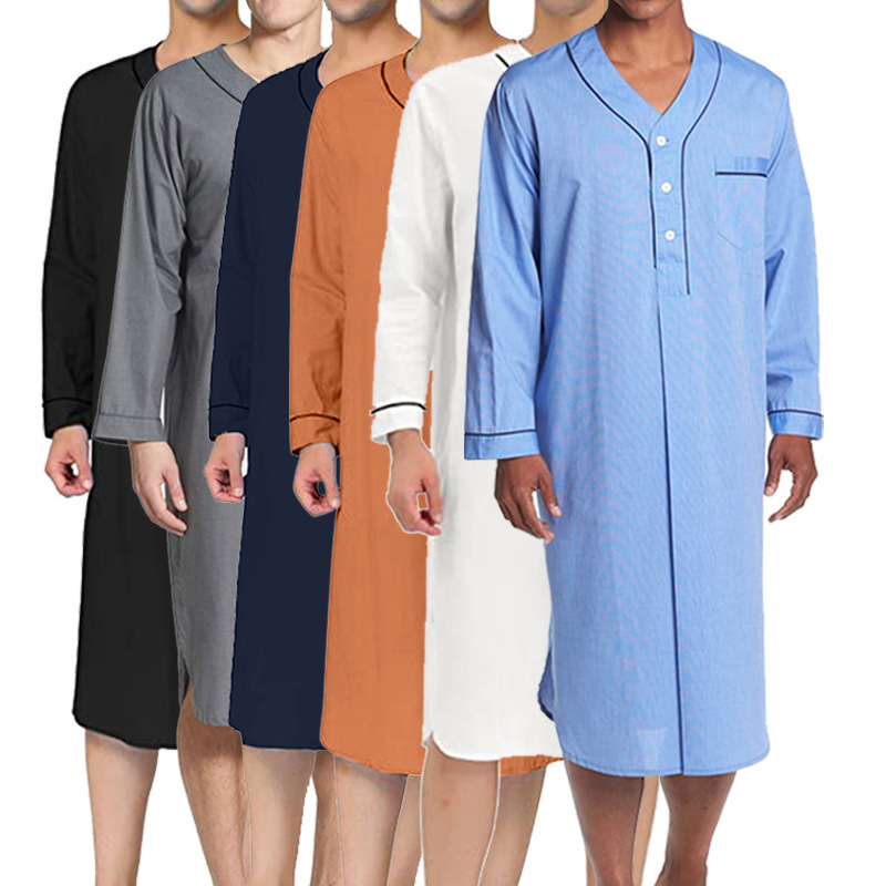 2024春季穆斯林中长款舒适宽松纯色睡衣亚马逊欧美男士家居服睡裙