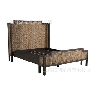 新中式实木藤编床大板床单双人1.5米简约现代实木主卧床