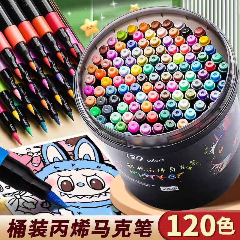 Soft-Tipped Black Acrylic Markers, Non-Bleed, Quick-Drying, Washable, Suitable for Children's Art Drawing, Available in a Bucket Set