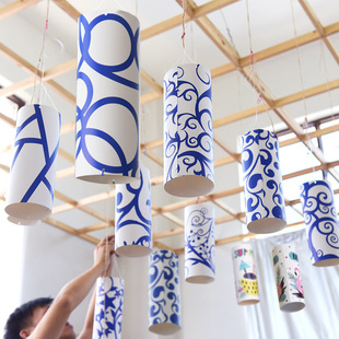 Creative Cartoon Stereo Round Paper Tube with Blue and White Pattern Kindergarten School Indoor Aerial Pendant Arrangement Decoration