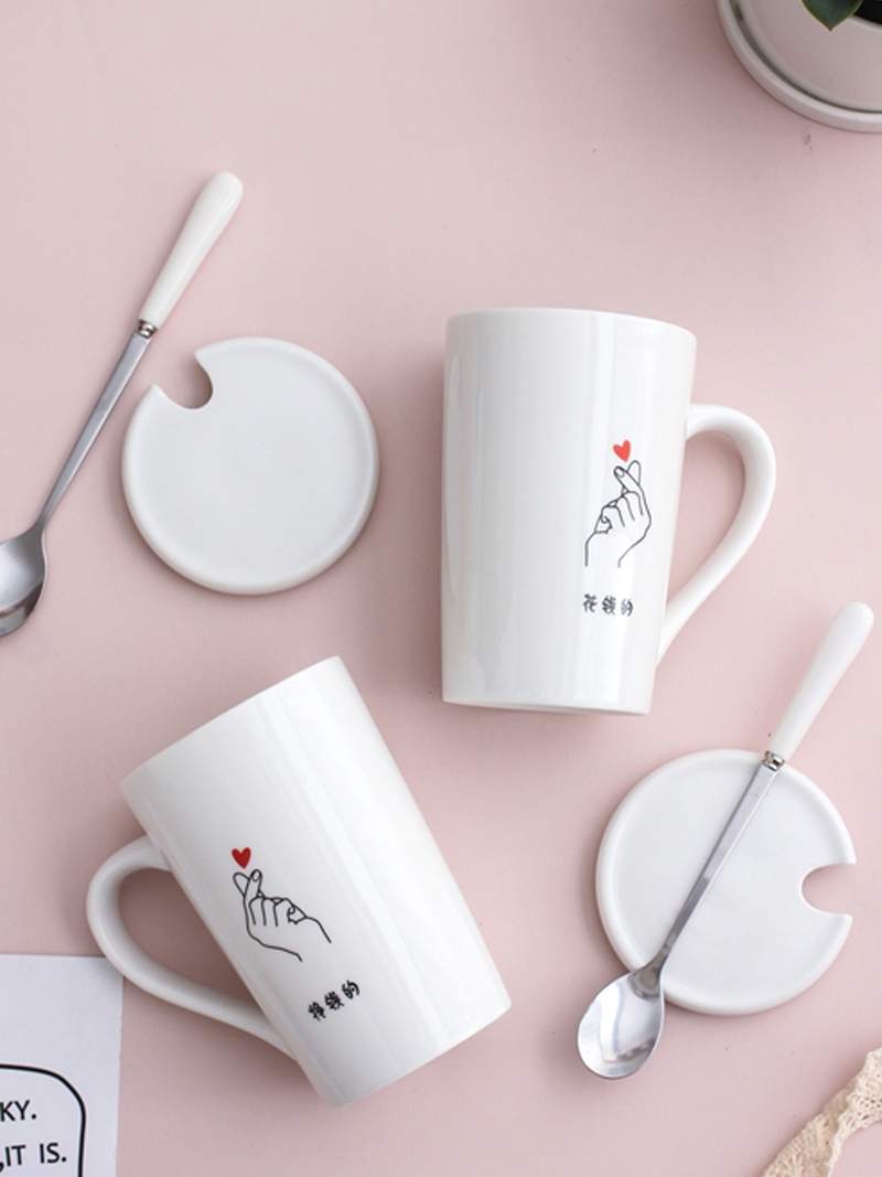 陶瓷喝水杯子带盖家用情侣款燕麦水杯简约结婚一对日系咖啡马克杯