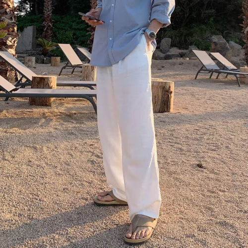 Men's Linen Trousers 2025 New Summer Cotton-Linen Thin Trousers with Drape Wide Leg Loose Fit Versatile Straight Leg Casual Trousers