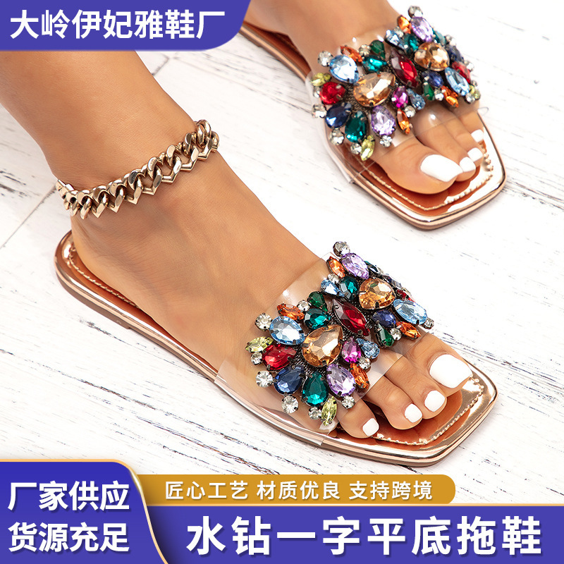 2026 Summer New Style Rhinestone Flat Slippers Square-Toed Flat Outdoor Slippers Large Size Women's Slippers Wholesale in Stock 2026 Summer New Style Rhinestone Flat Slippers Square-Toed Flat Outdoor Slippers Large Size Women's Slippers Wholesale in Stock