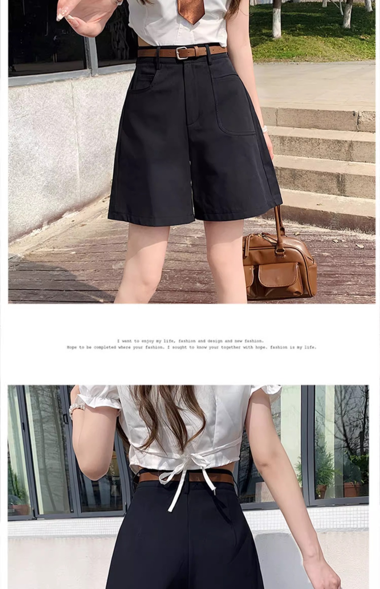 Quần short nữ cạp cao ống rộng dáng suông dài ngang đùi kiểu Hồng Kông — Màu đen chi tiết 9