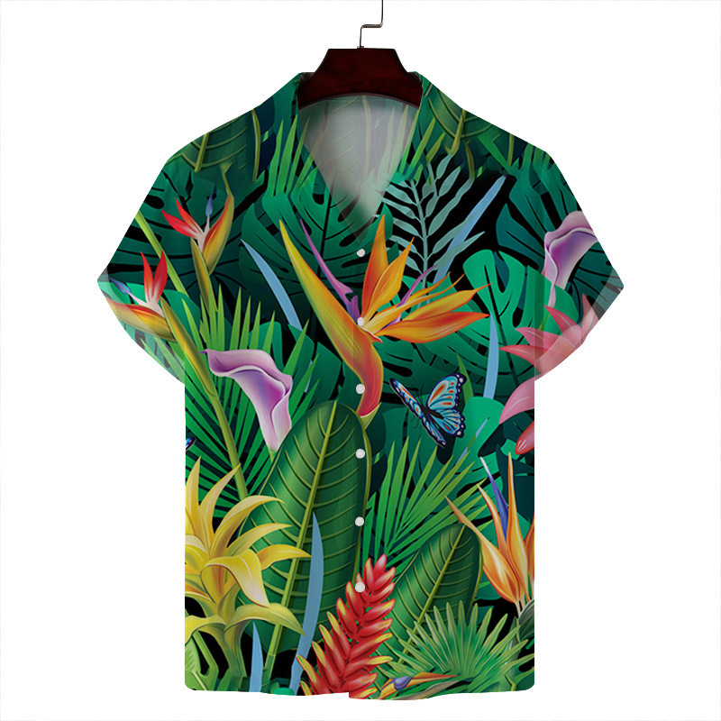 2024 verano hombre delgado casual cuello cubano moda cara hawaiana elástica camisa de manga corta con estampado digital 3D