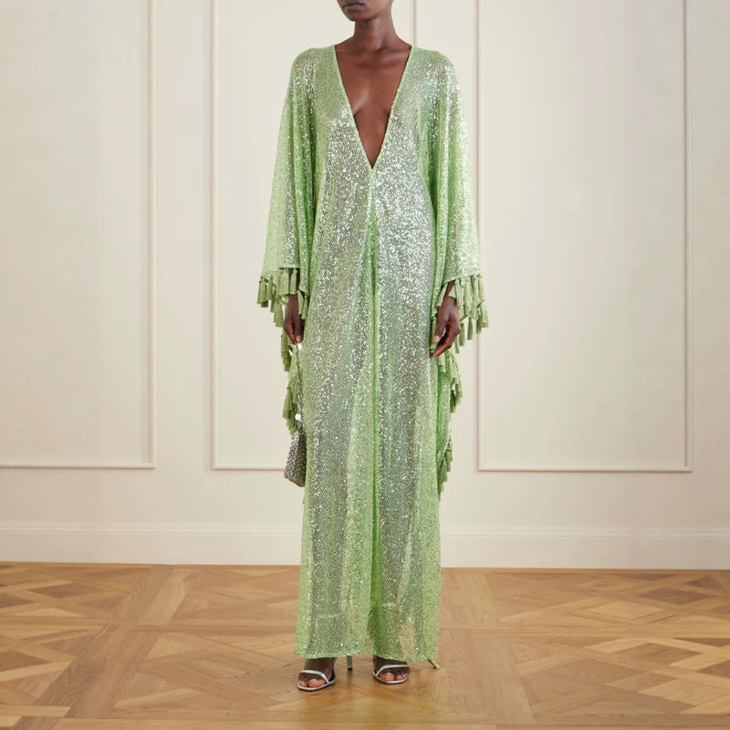 2026 Summer New European and American Style Sequin Tassel Long Dress for Women, Deep V Loose Dress, Elegant and Stylish for Vacation