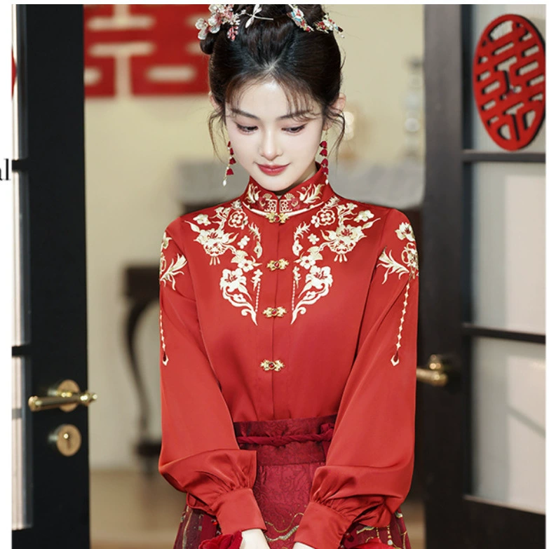 Реальная стрельба Новый китайский улучшенный воротник с пряжкой праздничный топ