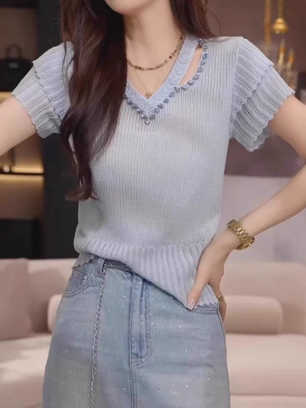 Женские топы больших размеров с короткими рукавами, свободные, утягивающие, высокого класса, новый прочный трикотаж с ромбовидным воротником