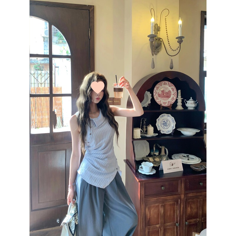 Blue Moment Lyocell Top, Irregular Striped Shirt + Wide-Leg Pants Set, Ramie Cotton Blue Moment Lyocell Top, Irregular Striped Shirt + Wide-Leg Pants Set, Ramie Cotton