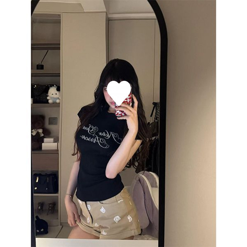 アメリカンホットガールホワイトショルダー半袖レディース2025年夏新作ホットダイヤモンドレターTシャツスリムウエストショートトップ|undefined
