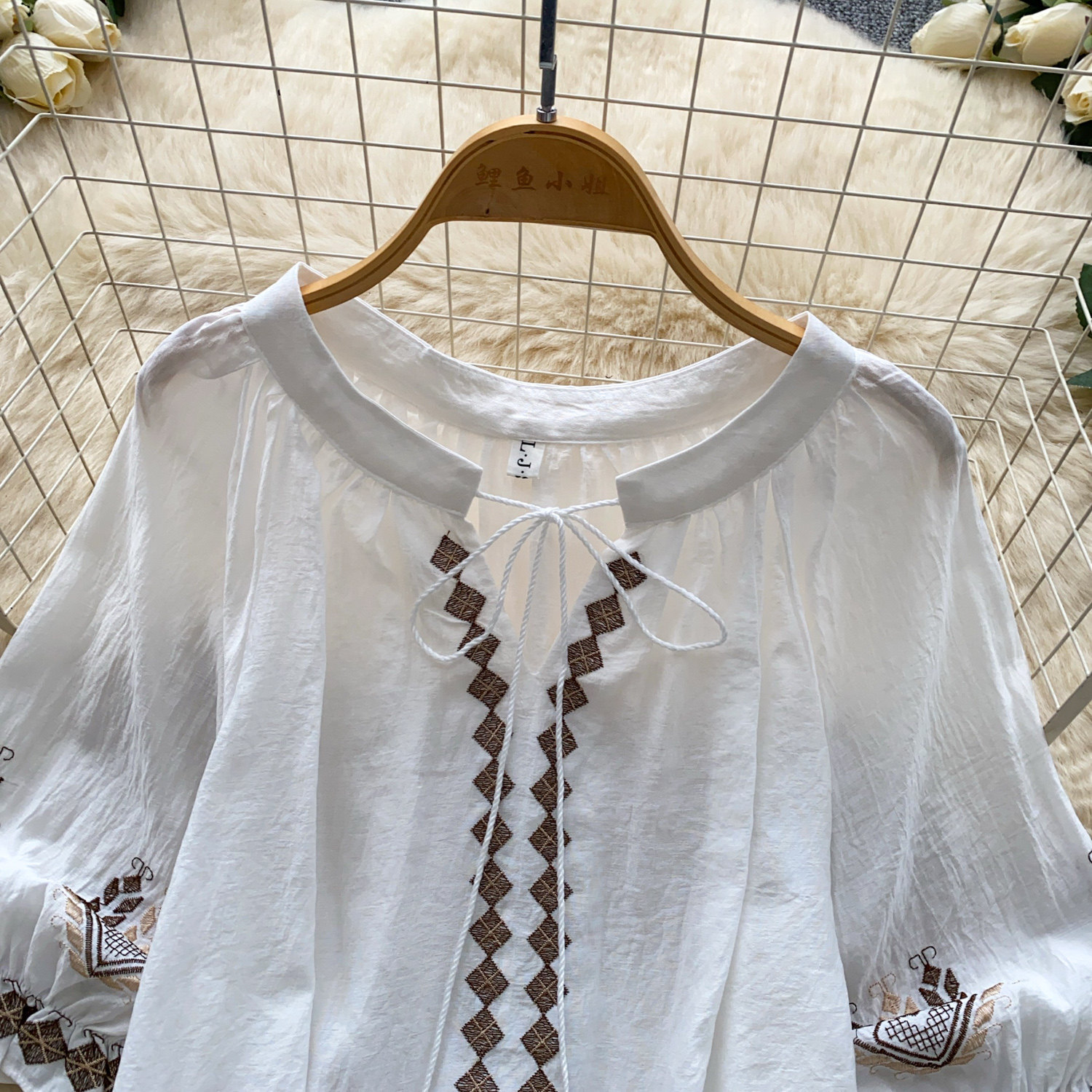 Elegant French Style Blouse for Women Red Embroidered Puff Sleeve Loose Fit Tie Waist Babydoll Top Spring Fashion_ecoleips.com