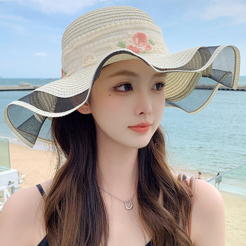 Sombrero de paja con lazo – estilo veraniego, ala ancha, para playa o vacaciones al aire libre