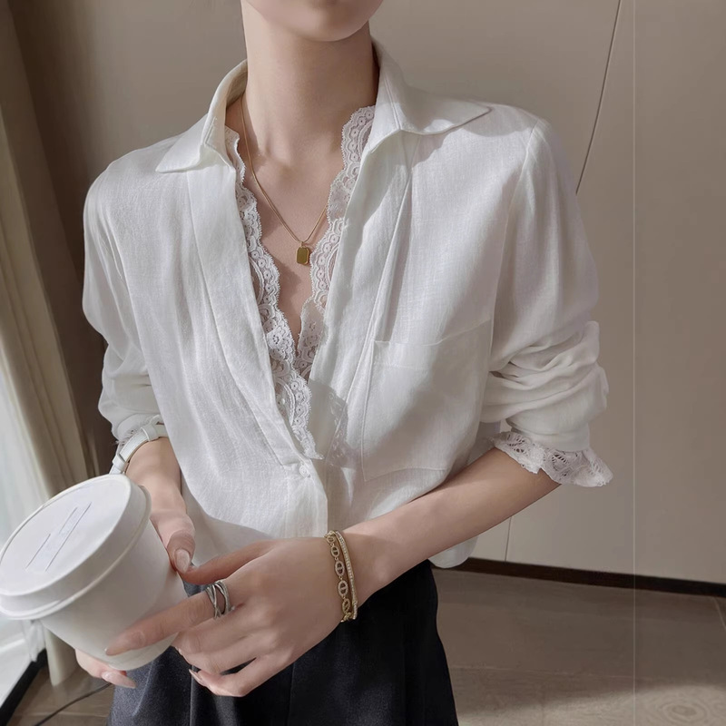 Pinkeen White V-Neck Lace Long-Sleeved Shirt for Women, Autumn 2025 New Age-Reducing Fashion High-End Top