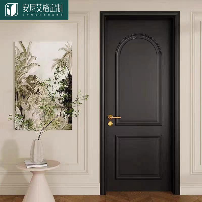 French-Style Interior Door Trim, Solid Wood Composite, Black Lacquered Bedroom Door, Room Wooden Door, Flat Opening Door