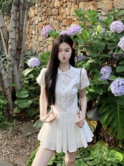 カレッジスタイルの甘い気質白半袖シャツドレス夏のAラインスカートプチプリーツショートスカート