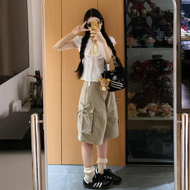 American retro style large pocket khaki workwear denim cropped pants for women, summer loose fit with tie-up design