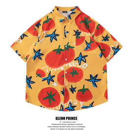 跨境外贸日系趣味西红柿满印短袖衬衫男夏季夏威夷沙滩度假花衬衣