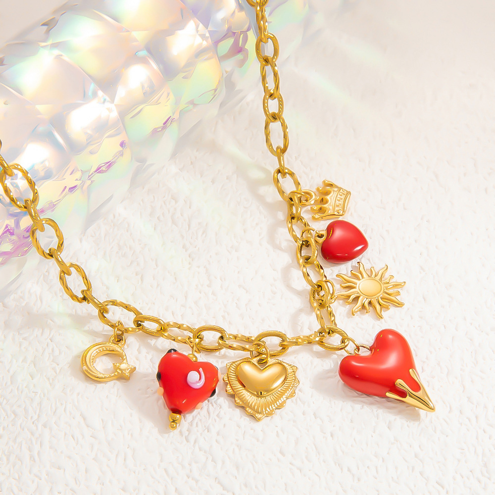 304 Stainless Steel Material Sun, Heart Shape, Crown Pattern Wholesale Jewelry IG Style Sun Heart Shape Crown 304 Stainless Steel 18K Gold Plated Enamel Plating Pendant Necklace