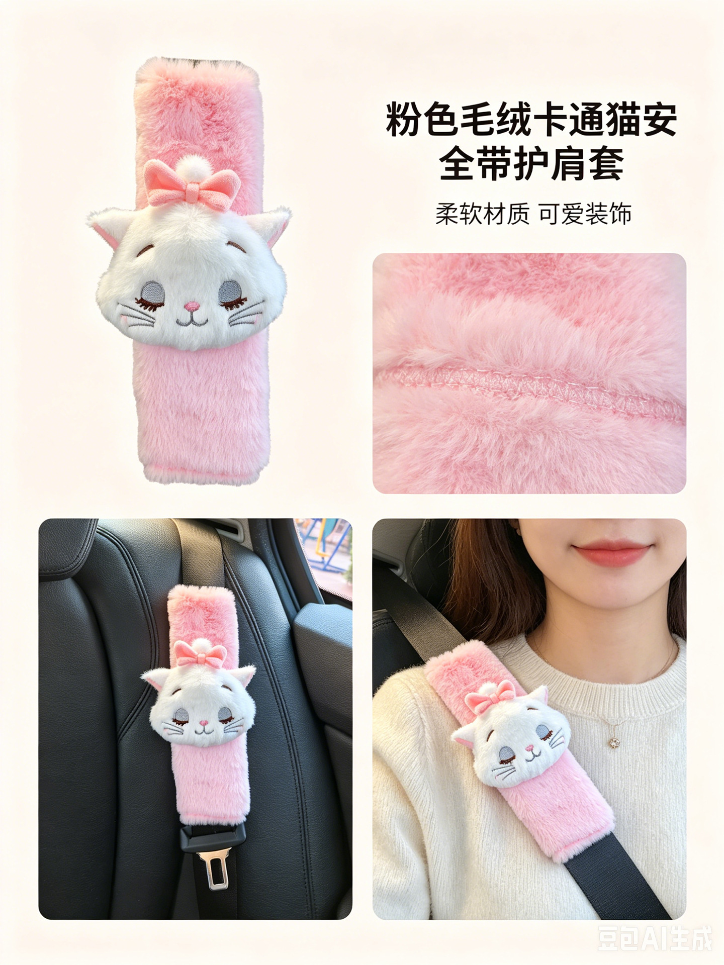 Car Shoulder Pad Cover Mary Cat Plush Anti-Neck-Strangling Car Seatbelt Protector Imitation Rabbit Fur Car Interior Decoration