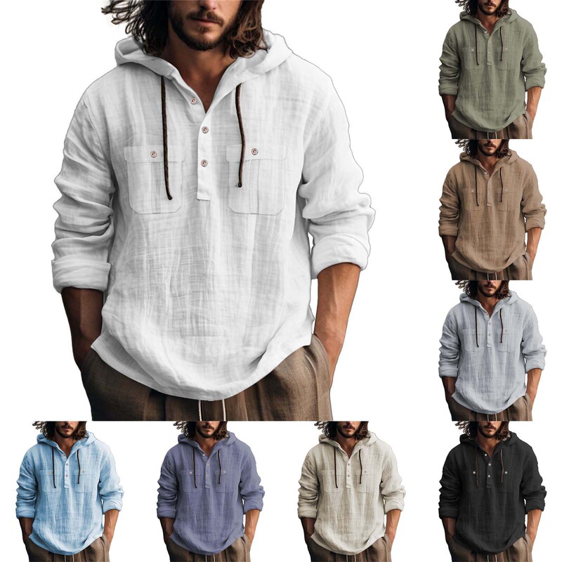2025 cross-border Europe and the United States new men's hooded long sleeve sweater cotton linen loose solid color fashion casual men's shirt