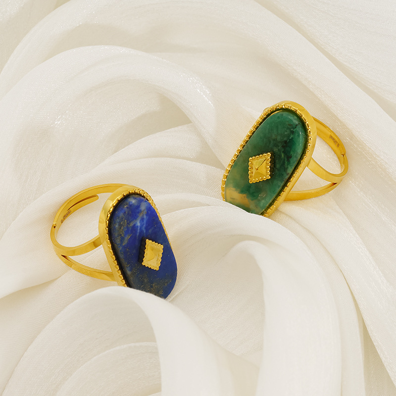 Estilo retro francés piedra natural elíptica anillo de acero inoxidable popular femenino anillo de concha natural apertura ajustable