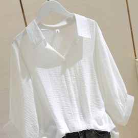 韩国棉麻衬衣大码白色宽松衬衫女2024夏季新款套头V领蝙蝠袖衬衣