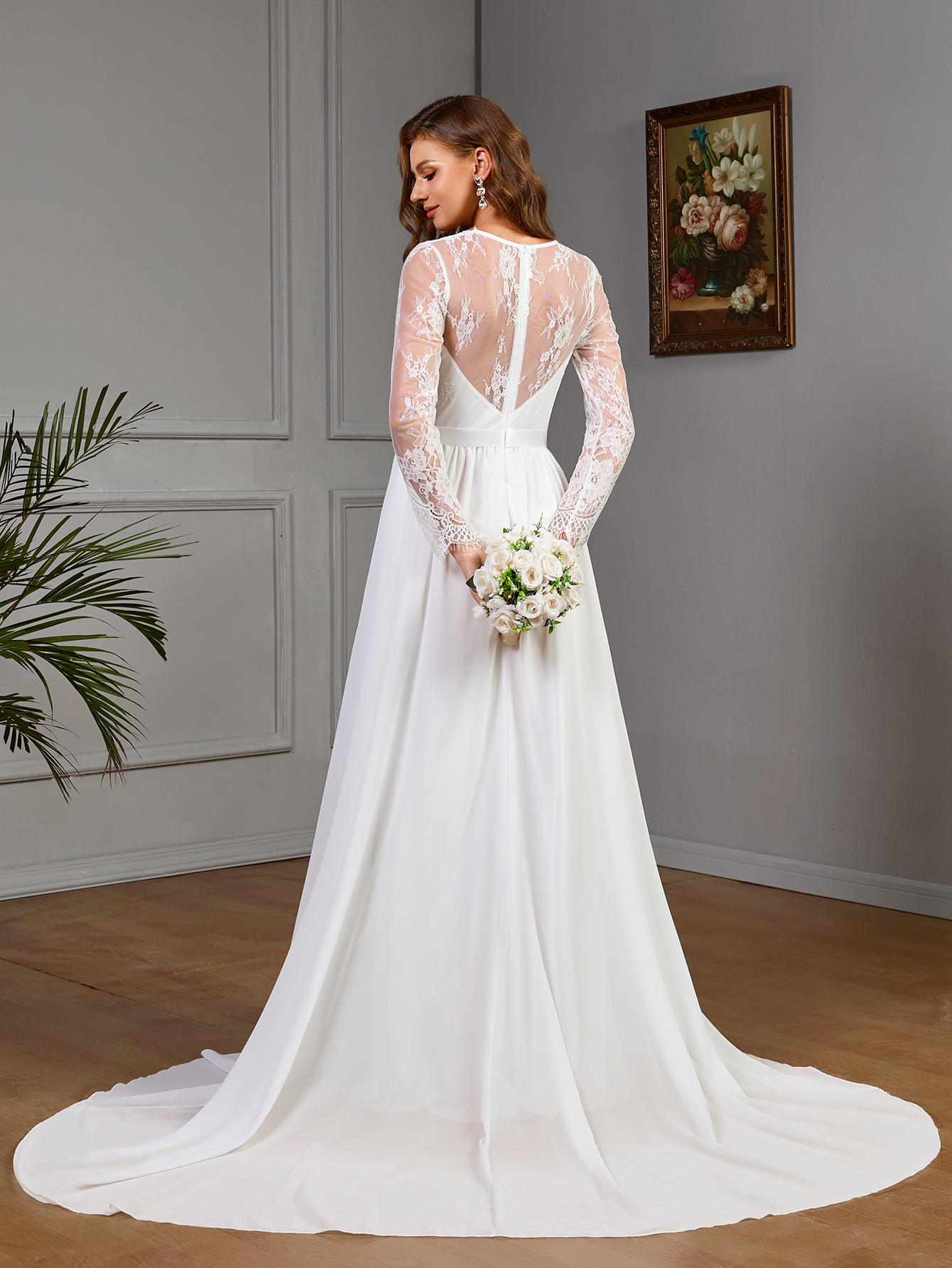 Comercio exterior europeo y americano nueva ropa de mujer Amazon encaje sexy vestido de boda de manga larga con un vestido de pecho de algodón blanco