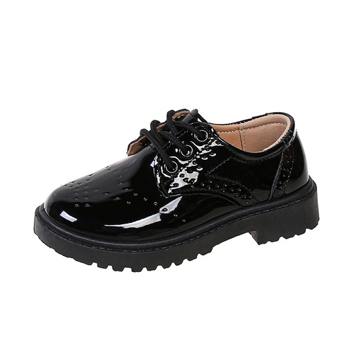 Spring and Autumn New Children's Black Small Leather Shoes Lace Up Fashionable British Style Boys' Performance Shoes Girls' Performance Shoes Soft Sole