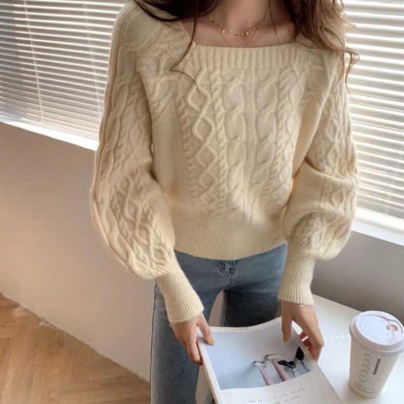 Japanese sweater women's autumn and winter soft milk sweater square collar elegant lady thick twist loose puff sleeve short sweater