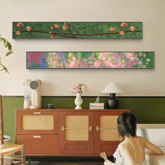 フレンチミッドセンチュリースタイルバナー、リビングルーム装飾絵画、寝室狭い長い花吊り絵画、ソファ背景壁緑吊り絵画