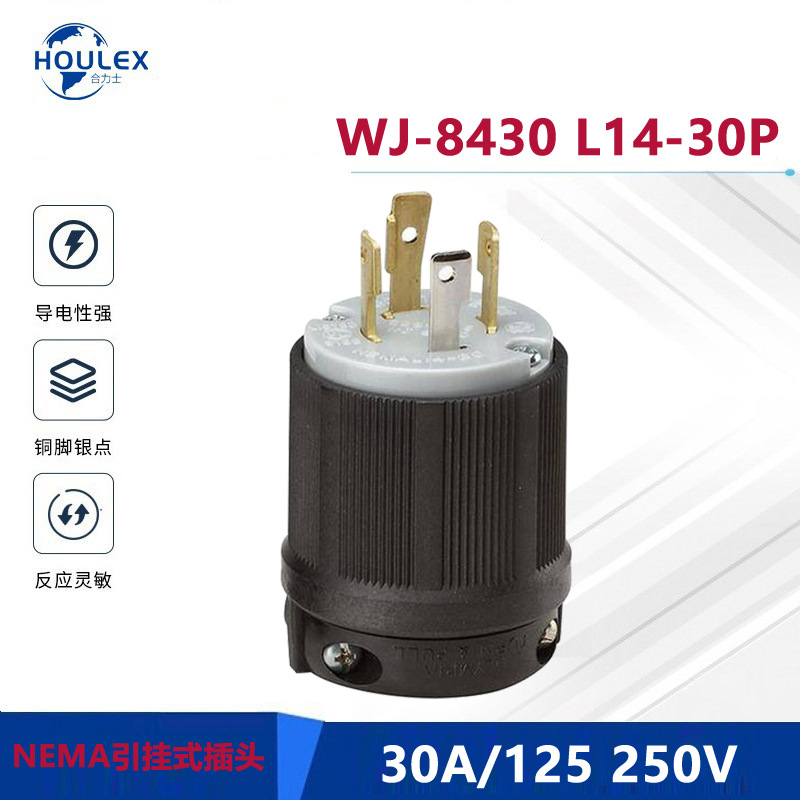 美国工业用防脱落插头  四脚带锁引挂式插头WJ-8430  L14-30P