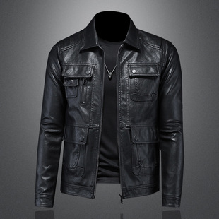 Spring and Autum Leather Jacket Men's Spring and Autum Korean Style Trendyy and Handsome Autum Short Motorcycle Jacket Black Leather Jacket 7285