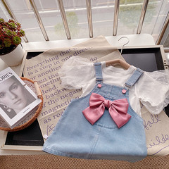 女童套裝2024夏季新款韓版蝴蝶結牛仔裙泡泡袖短袖上衣寶寶兩件套