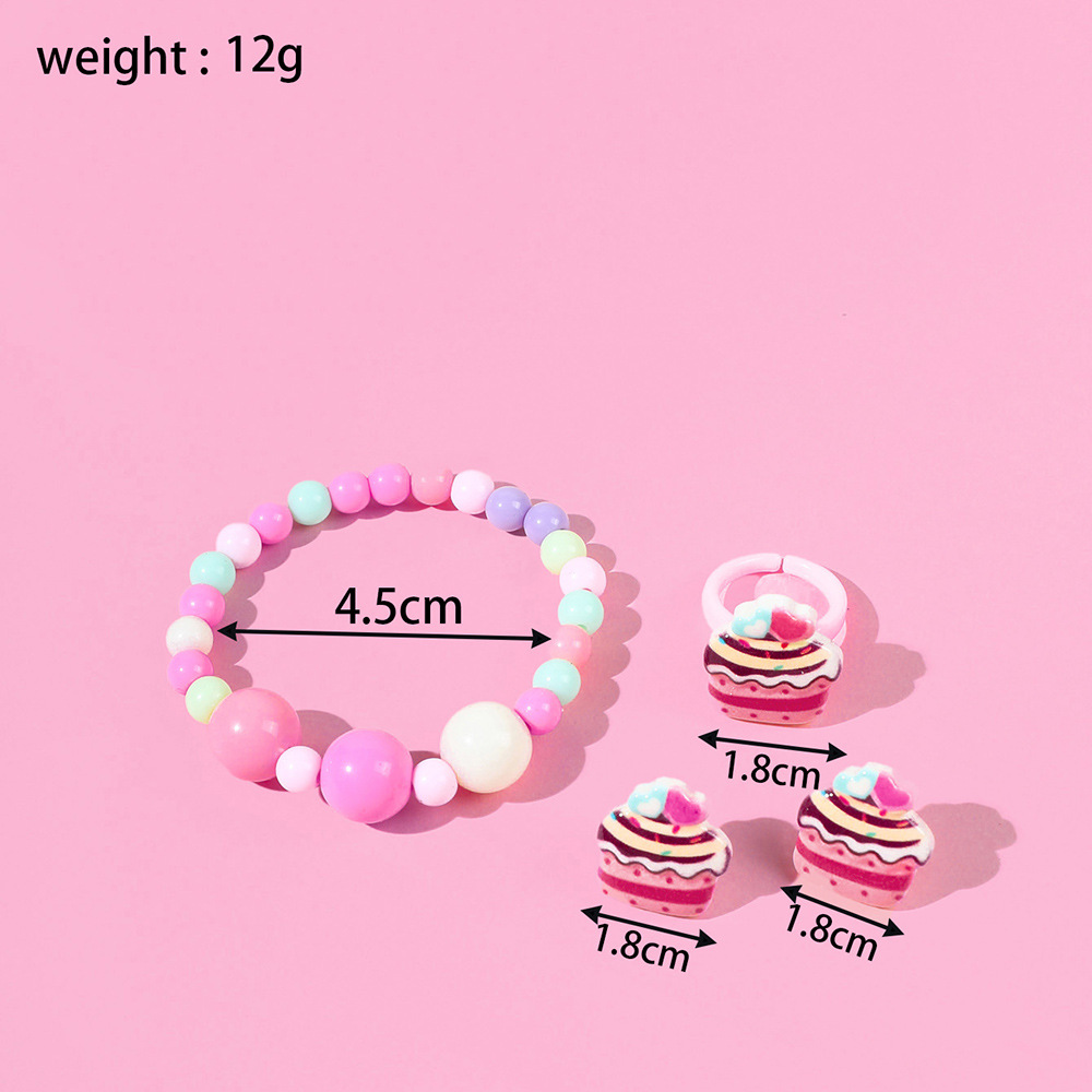 Cake Acrylic Handmade Beaded Earring Ring Bracelet Three-Piece Set