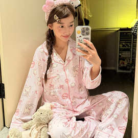 跨境外贸台湾睡衣女秋冬季新款德绒开衫翻领长袖套装韩版宽松现货