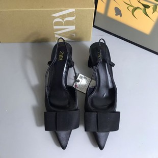 ZA Spain 2024 Autumn New Women's Shoes Black Bow Accessories Fashion Hollow Thick Heeled Pointed Sandals Women