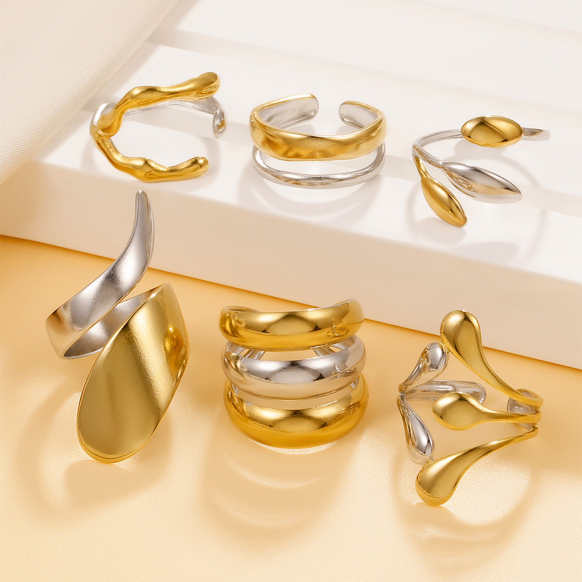 Cross-Border Supply High-End Gold Special-Shaped Geometric Ring Personalized Line Opening Stainless Steel Ring Women's Hand Jewelry