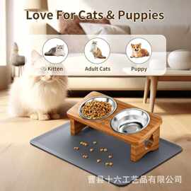 猫碗不锈钢双碗斜口保护颈椎实木架防打翻猫咪狗喂食饮水宠物用