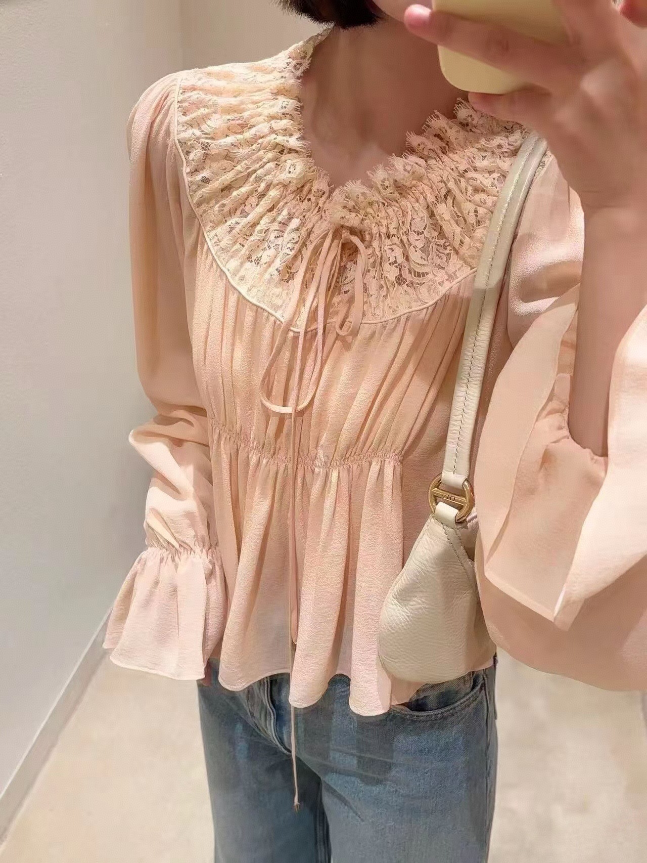 Chloe Lace Ruffle Cross-Border Shirt French Sweet Romantic Silk Top with Lace Trim Versatile