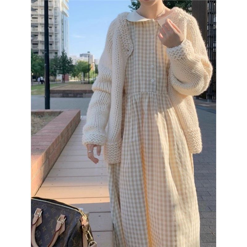 小清新减龄格子娃娃领宽松显瘦长袖连衣裙女秋季外搭毛衣两件套|undefined