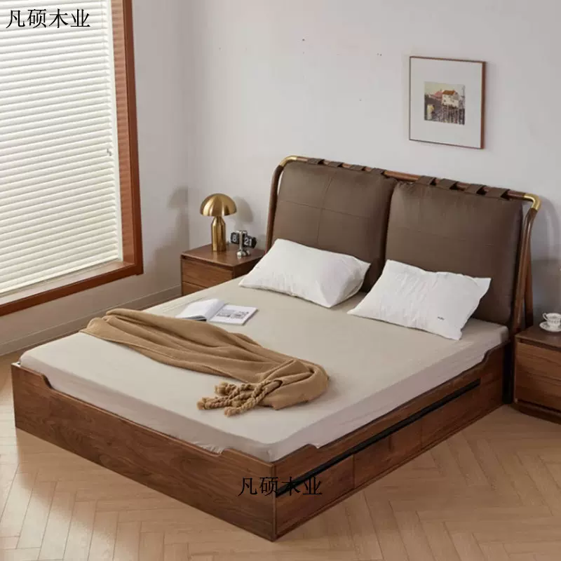 北美黑胡桃木高箱储物床现代简约真皮抽屉简约卧室家具北欧实木床